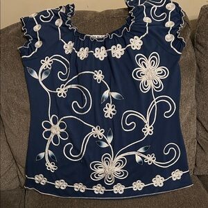 Lauren Michelle Navy Blue Floral Embroidered Ruffle Sleeve Top